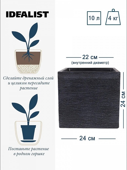 SCRBR24-SQ-ANT Настольное кашпо Флоранжери квадратное, файберстоун, черный Д24 Ш24 В22 см