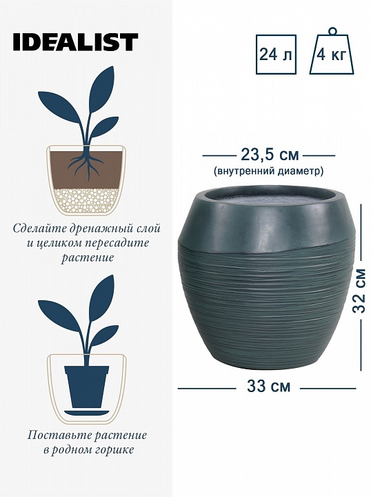 TER33-GRN Напольное кашпо для цветов IDEALIST Премиум Терра, круглое, Д33 В32 см, темно-зеленое, 24 литра