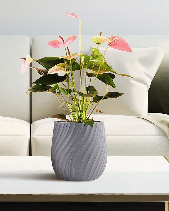 VELRV22-GR Настольное кашпо для цветов IDEALIST Премиум Велюр, круглое, Д22 В22 см, светло-серое, 7 литров