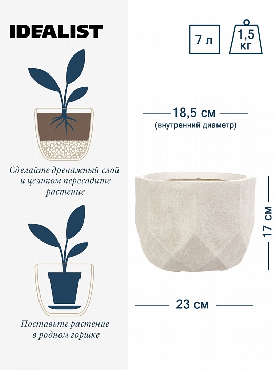 Настольное кашпо IDEALIST LITE Геометри, круглое, слоновая кость, Д23 В17 см