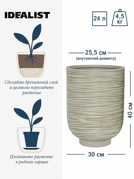 NEO30-GRN Напольное кашпо для цветов IDEALIST Премиум Нео, высокое, Д30 В40 см, зеленое, 24 литра