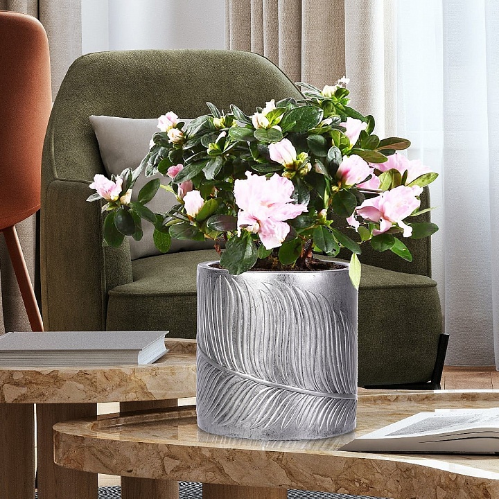 Настольное кашпо IDEALIST LITE Лист, файберстоун, серебристое, Д24 В24 см