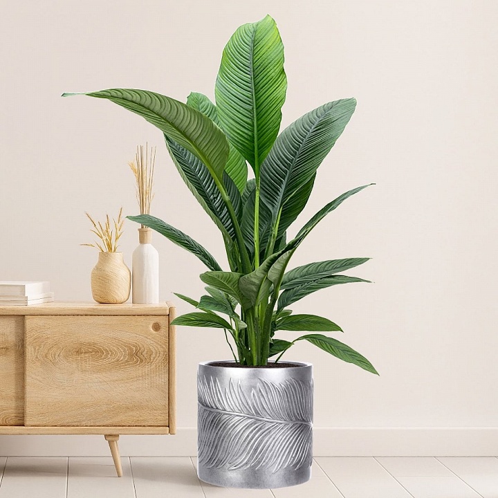 Настольное кашпо IDEALIST LITE Лист, файберстоун, серебристое, Д31 В31 см